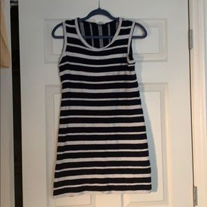 Navy and white braided striped dress